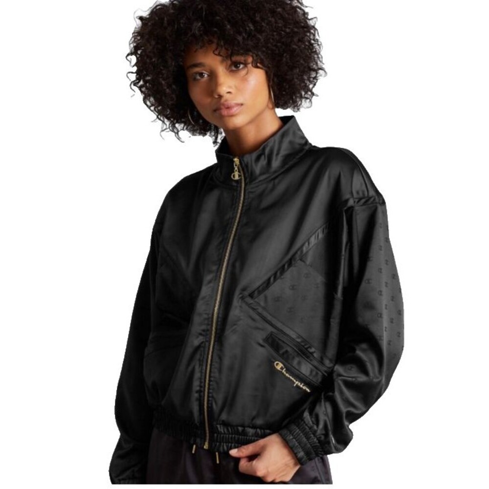 Champion Satin Womens Lurex Bomber Logo Retro Jacket Black/Gold Size M Sporty
